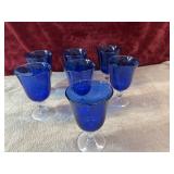 7 pc. vintage cobalt blue footed glass goblets.