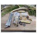 Collection of vintage pocket knives, pins, coins,