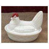 Vintage Westmoreland White Milk Glass Hen on a