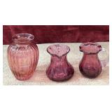 3 pc. vintage cranberry glass bulbous, ribbed