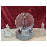 10 pc.  pressed glass plates and glass oil and