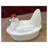 Vintage white milk glass "hen on a nest" covered