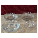 7 pc. clear pressed glass bowls , and apple