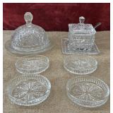7 pc. antique pressed cut glass butter dome,