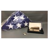 WW2 Khaki Officers Cap, Folded Flag & Photo