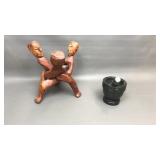 African unity sculpture, & marble mortar & pestle
