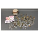 Vtg Foreign Money, Coins & Pottery Jar