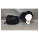 Vtg Black Velaur Feather Hat & Muff
