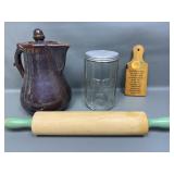 Antique Pottery Teapot, Wooden Rolling Pin & More