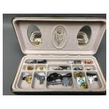 Vintage Velvet Jewelry Box W Gun Lapel Pins & More