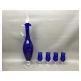 Vintage Cobalt Blue Decanter Empoli? W Glasses