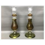 Vintage Amber & Green Glass Candle Stick Holders