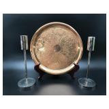 Vintage Copper Etched Serving Tray & Taper Candle