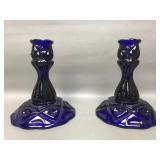 Vtg Cobalt Blue Glass Candle Stick Holders