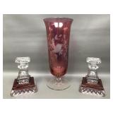 Cranberry Etched Glass Floral Design Vase & West-