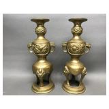 Vtg Brass Cinoiserie Elements Candle Stick Holders