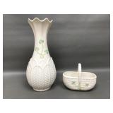 Belleek Small Porcelain Picnic Basket & Vase