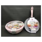 Non Stick Fry Pans & Pink Covered Mixing Bowls
