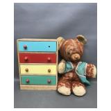 Vintage Musical Teddy Bear & Wooden Trinket Box