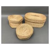Vtg Handwoven Sweetgrass Woven Lidded Baskets