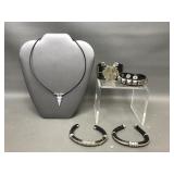 Vintage Leather & Silver Toned Costume Jewelry