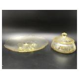 Vintage Yellow Depression Glass Covered Candy Dish