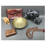 Vtg Leather Elephant Wallet, Brass Etched Bowl