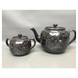 Antique Gibson Silver Inlay Redware Teapot & Sugar