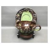 English Majolica Brown Drip Glaze Cup, Saucer &
