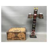 Etched Vintage Wooden Box & Totem Pole