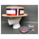 Vtg Skimmer Hat, Patriotic Glass Paper Weight &