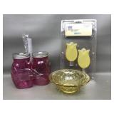 Tulip Finials, Yellow Depression Glass & Flamingo