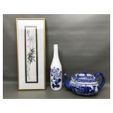 Asian Style Ink Wash Painting, China Bottle & Tea