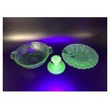 Uranium Glass Pebble Leaf Plate, Jeanette Bowl &