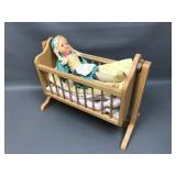 Vintage Polish Folk Art Doll In Swinging Wood Crib