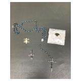 Sterling Silver Cross, Vtg Rosary & Mary Pendant