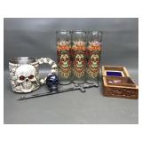 Skull Mug, Hand Carved Wooden Box & More