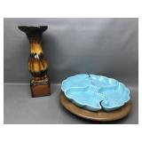 Mcm Ceramic Server On Lazy Susan & Glazed Candle