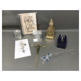 Crystal Paperweights, Crucifix, Brass Church &