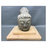 Vintage Heavy Stone Buddha Head On Wood Stand
