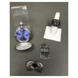 Relic Pocket Watch, Skull Ring, Batman Dog Tag &
