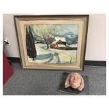 Snowy Landscape Painting And Clay Portrait Scul...