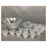 Vtg Glass Punch Bowl With Diamond Pattern & Glasss