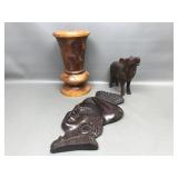 Brazilian Carved Wood Lady Plaque, Haitian Vase &
