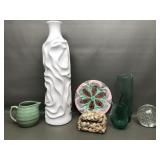 Tall Pottery Vase, Textured Glass, Seashell Box &