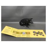 Vintage Cast Iron Pig Piggy Bank & Australian Mint
