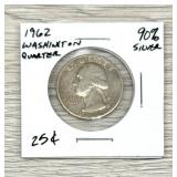 1962 Washington Quarter 90% Silver Coin