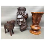 Brazilian Carved Wood Lady Plaque, Haitian Vase &