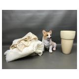 Corgi Sculpture, Linens & Vase