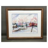 Sandra King Snowy Farm Scene Watercolor Painting